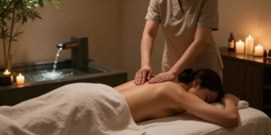 Serene massage therapy room with a therapist providing 성남출장안마.