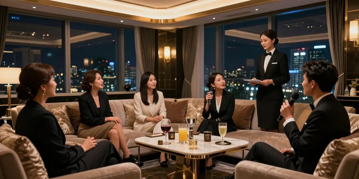 강남쩜오에서 프라이빗한 노래방 경험을 즐기는 고객들과 세심한 서비스를 제공하는 직원들.
