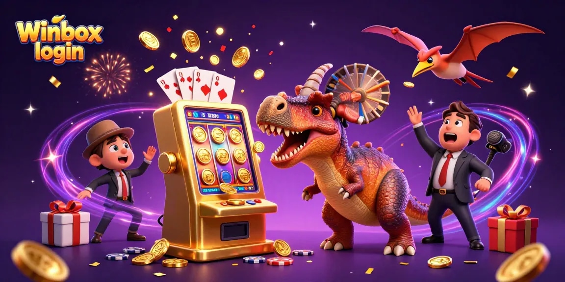 Winbox login illustration of dinosaurs winning jackpots and collecting coins in a vibrant casino setting.