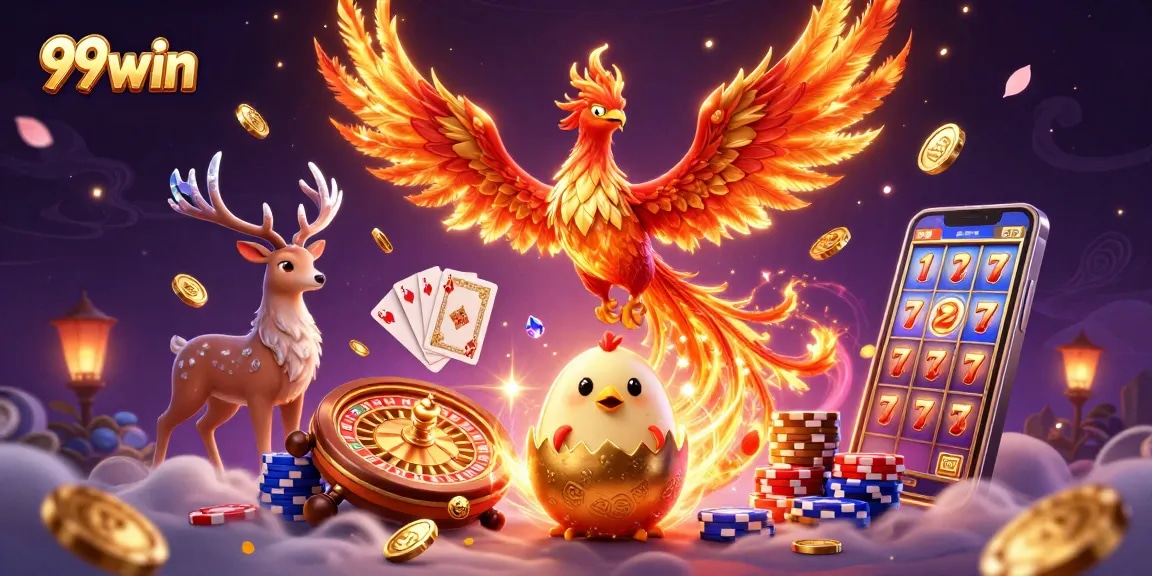 Experience excitement with the 99win phoenix soaring amidst glittering casino elements.