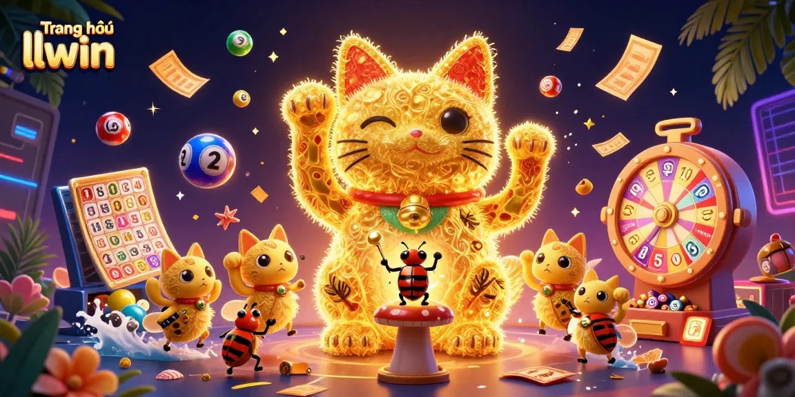 Experience the thrill of Trang chủ llwin with vibrant lottery balls and a lively lucky cat illustration.