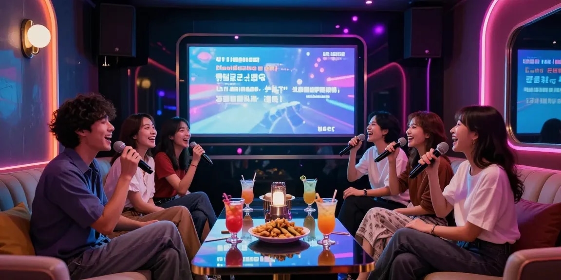 강남가라오케에서 친구들과 함께 노래 부르며 즐거운 시간을 보내는 이미지