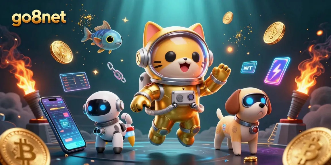 Engage in the exciting world of go8net with vibrant 3D gaming elements and cosmic characters.