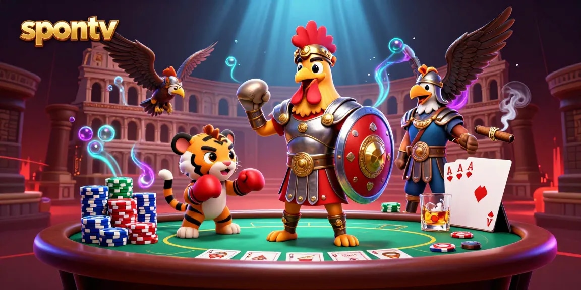 Watch sports streaming on spontv with vibrant 3D characters and casino elements highlighting excitement.