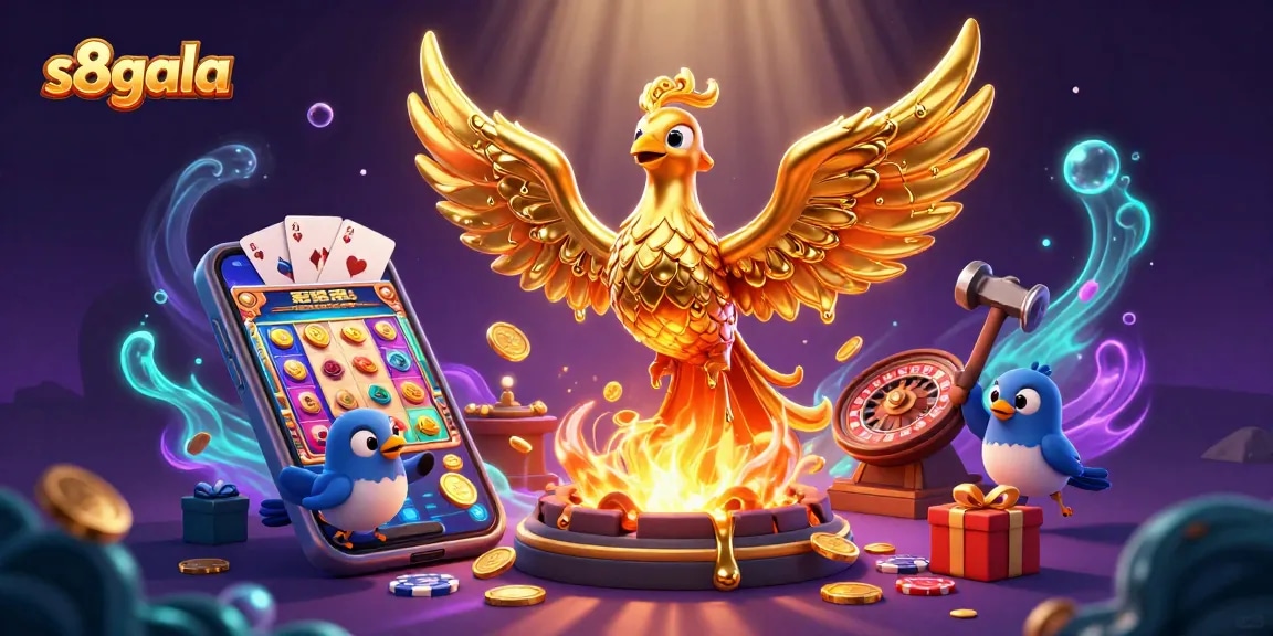 S8gala players winning with a golden phoenix and energetic casino elements in a vibrant atmosphere