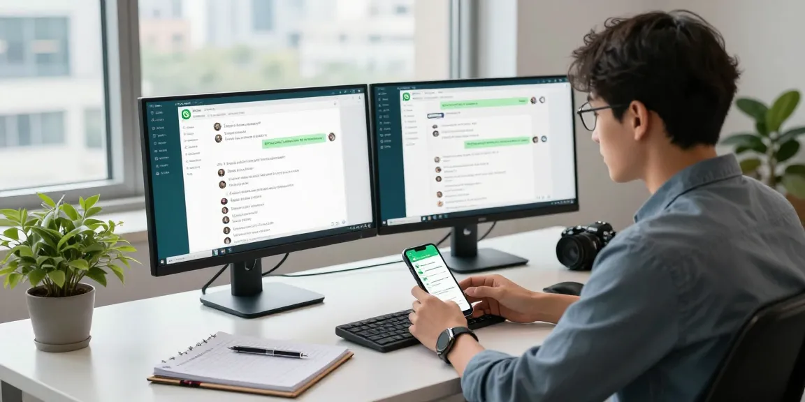 Modern workspace with WhatsApp網頁版 interface on dual monitors, showcasing a productive tech environment.