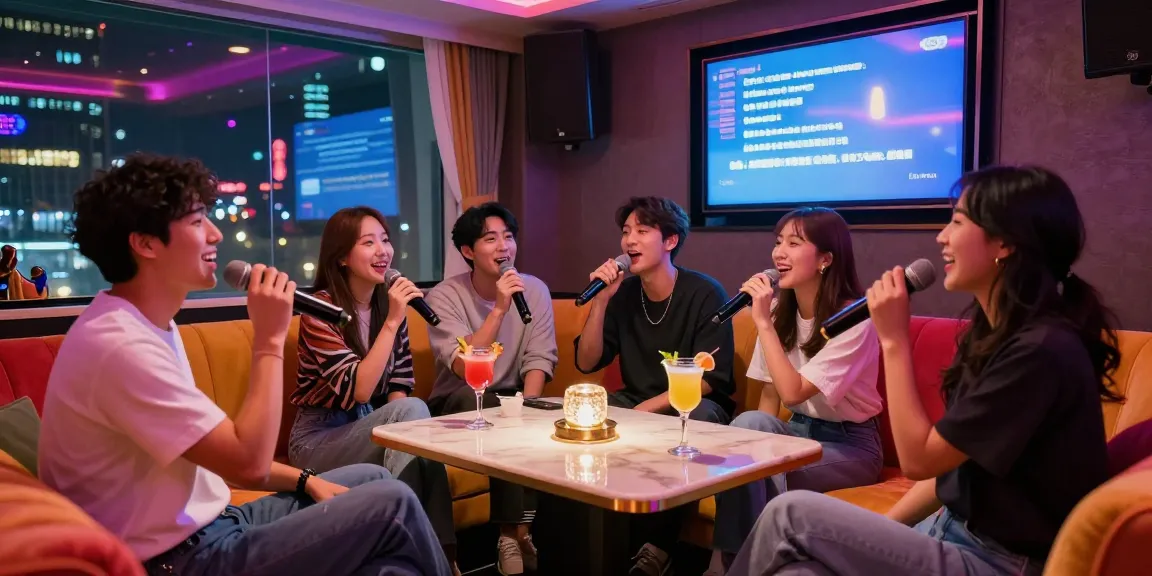 강남 달토에서 친구들과 즐거운 시간을 보내는 장면, 노래방의 화려한 조명과 아늑한 좌석이 돋보입니다. https://daltorabbits.com/