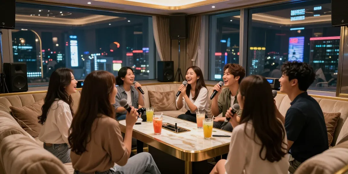 쩜오블랜딩에서 고급스럽고 아늑한 분위기의 노래방 장면, 고객들이 즐겁게 노래하는 모습