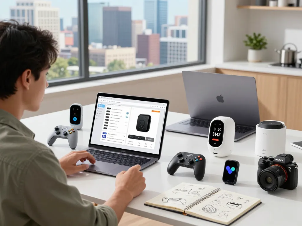 Engaging workspace testing cool tech gadgets under $147, including Bluetooth controllers and health wearables.