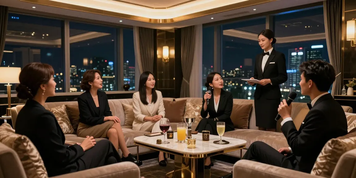 강남쩜오에서 프라이빗한 노래방 경험을 즐기는 고객들과 세심한 서비스를 제공하는 직원들.
