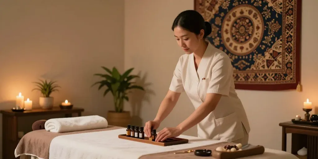 Luxurious 광명출장안마 session setup with soothing ambient lighting and fragrant oils.