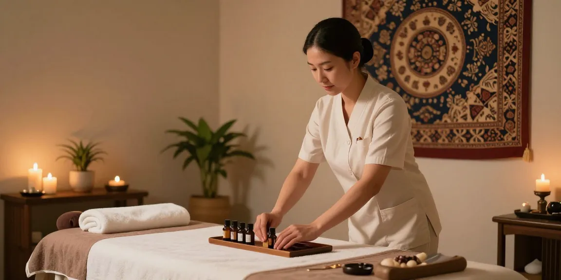 Luxurious 광명출장안마 session setup with soothing ambient lighting and fragrant oils.