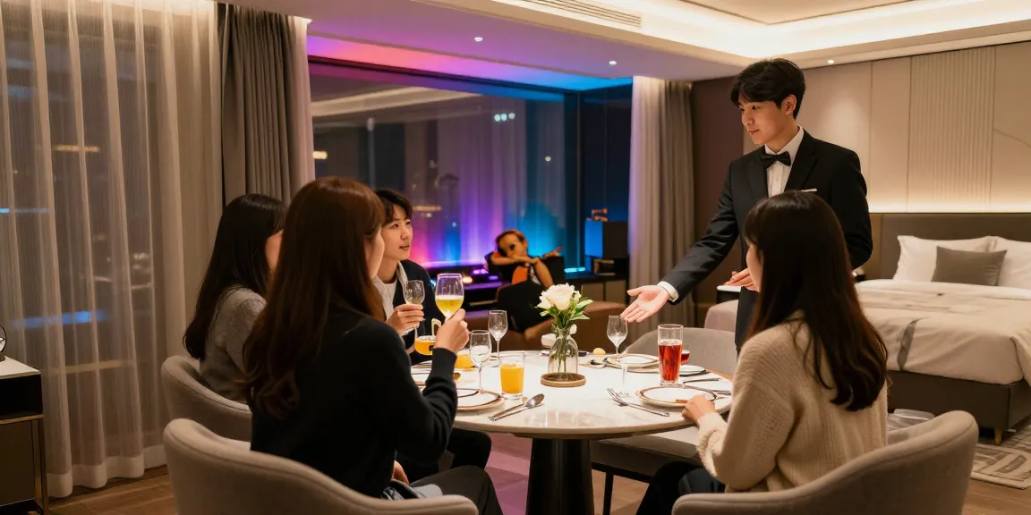 강남 구구단 쩜오의 고급스러운 프라이빗 룸에서 매니저가 손님을 맞이하는 모습