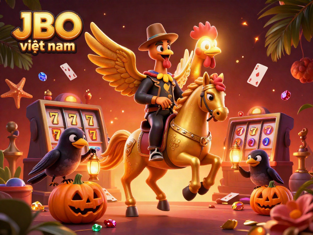 Experience vibrant gaming action at JBO việt nam as a golden rooster ventures through a fantasy casino scene.