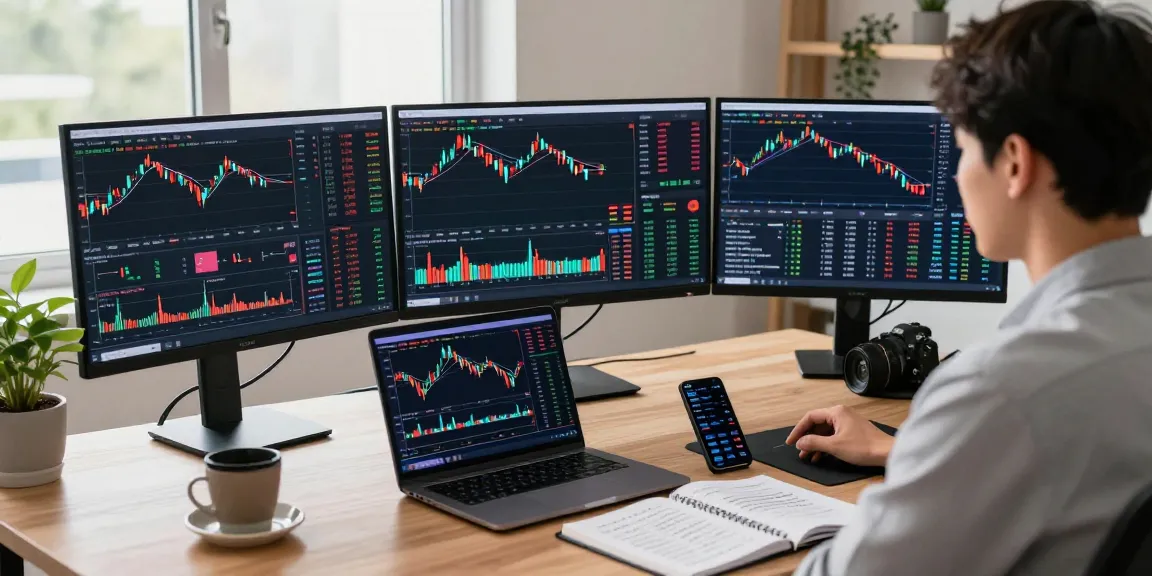 Live trading scene on 업투익스체인지 with multiple monitors, highlighting real-time cryptocurrency charts.