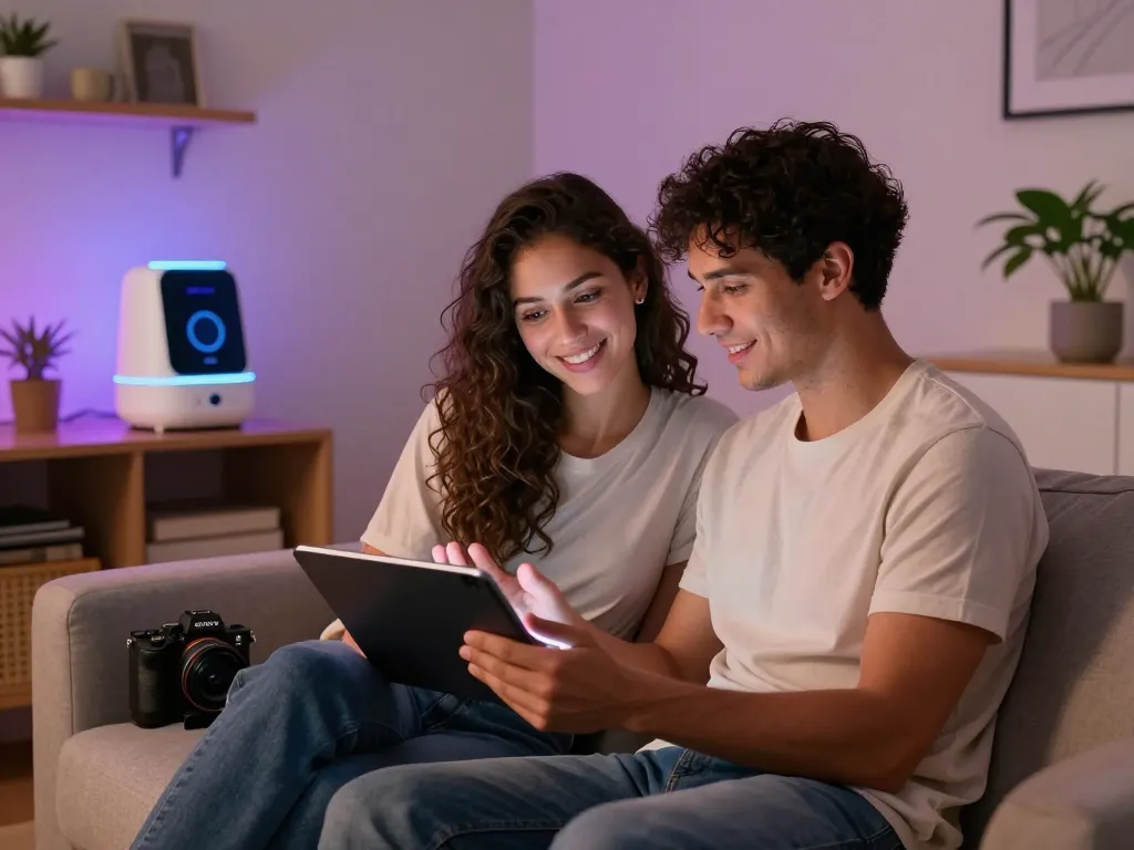 Couple discussing AI sex tools on tablet, modern cozy atmosphere.