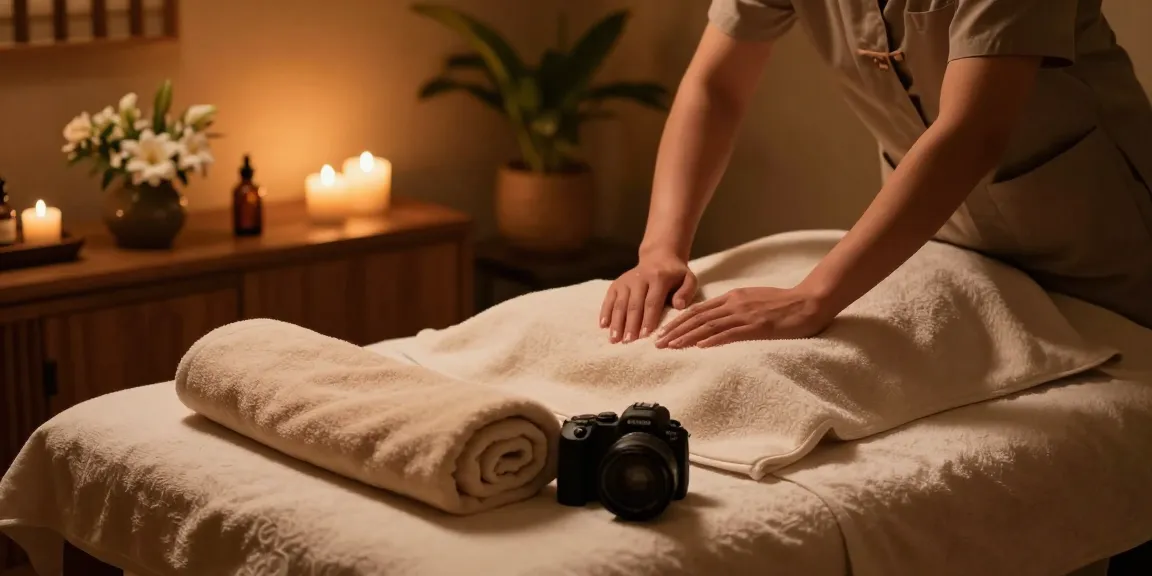 Therapist preparing for 출장안마 with calming spa elements like candles and flowers.