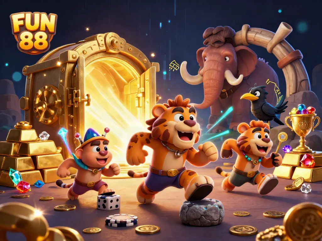 Experience the thrill of FUN 88 with a dynamic 3D casino scene filled with vibrant characters and treasures.