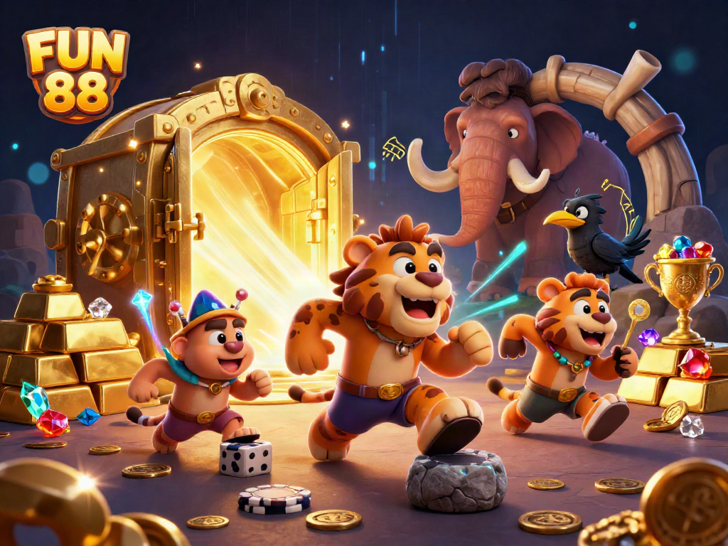 Experience the thrill of FUN 88 with a dynamic 3D casino scene filled with vibrant characters and treasures.