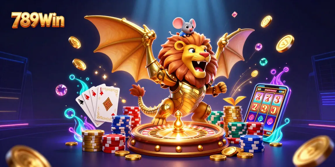 Bet big with 789Win featuring a 3D chimera, vibrant casino elements, and dynamic gold accents.