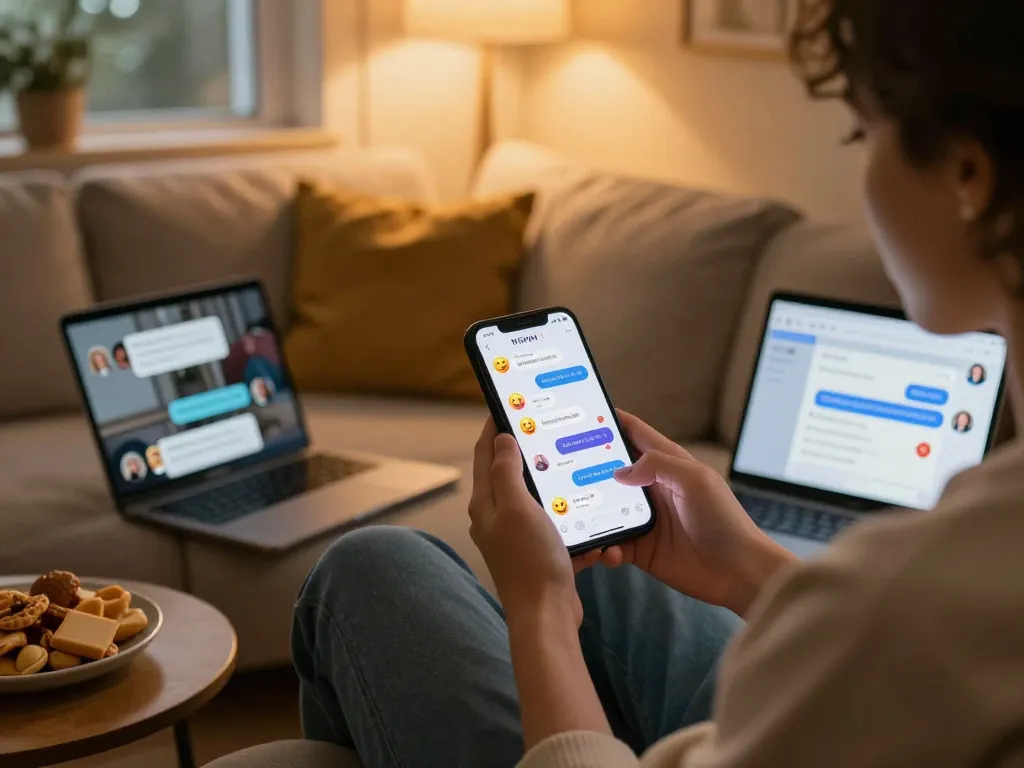 Engaging user interacting with an NSFW chat bot on smartphone creating a relaxed and inviting atmosphere.