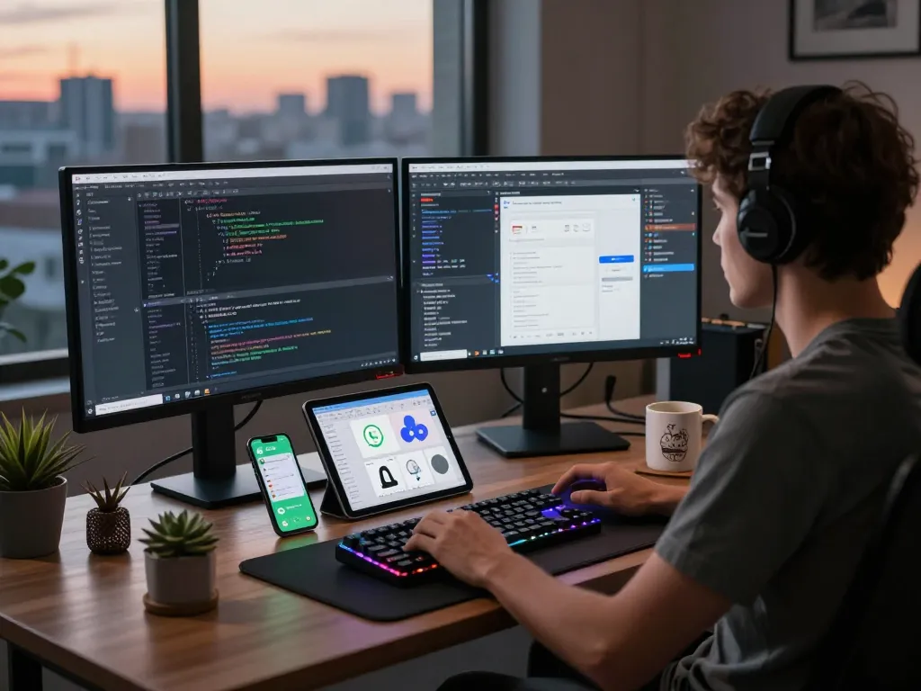 Developer using clawdbot ai on dual monitors in a modern workspace.