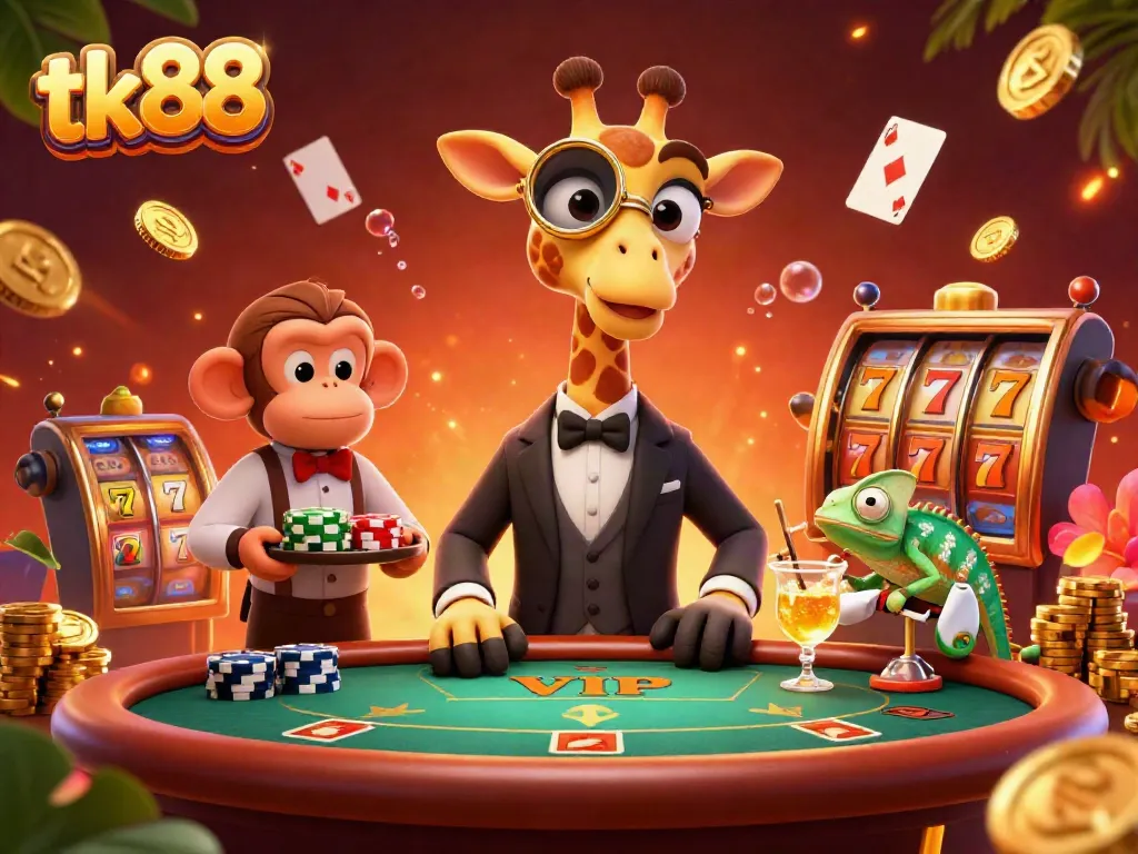 Experience thrilling gameplay at tk88 with vibrant characters and casino elements in this lively scene.