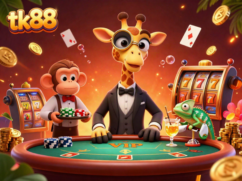 Experience thrilling gameplay at tk88 with vibrant characters and casino elements in this lively scene.
