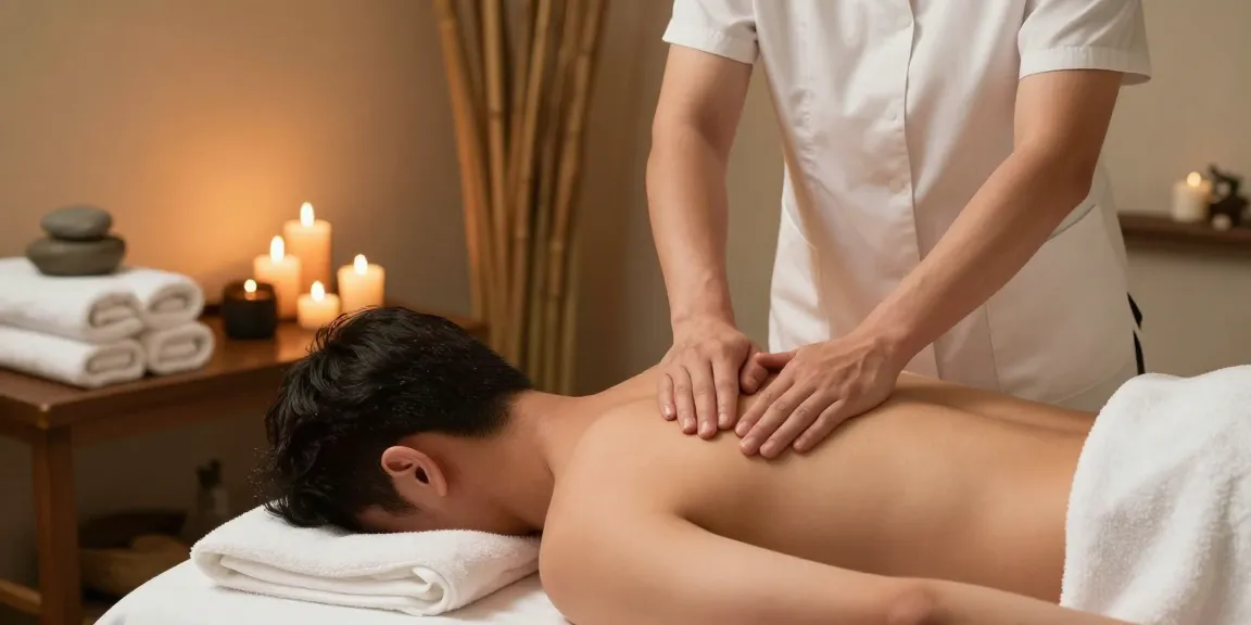 구미마사지 전문 남성전용 마사지 치료 중인 모습, 아로마 캔들과 자연 원목 인테리어로 편안한 분위기 연출.