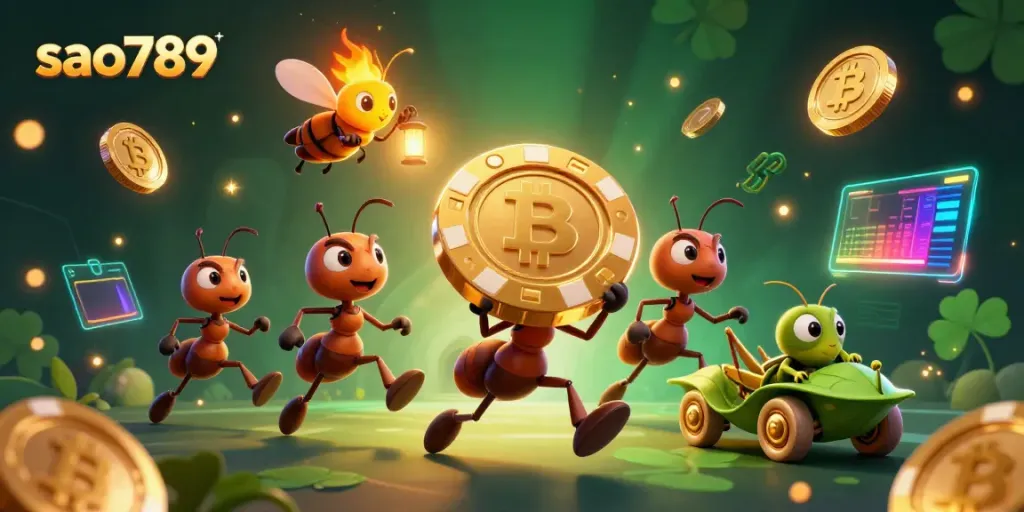 Experience the thrill of sao789 with cartoon ants in a heist scene carrying a giant poker chip amidst digital currency.