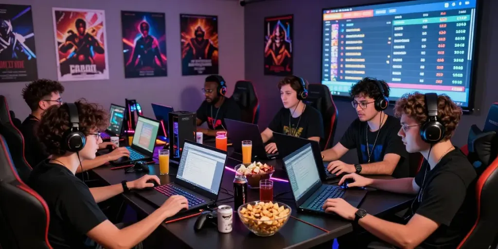 Vibrant gaming community scene featuring players engaged in rokok88 daftar competition with laptops and snacks.