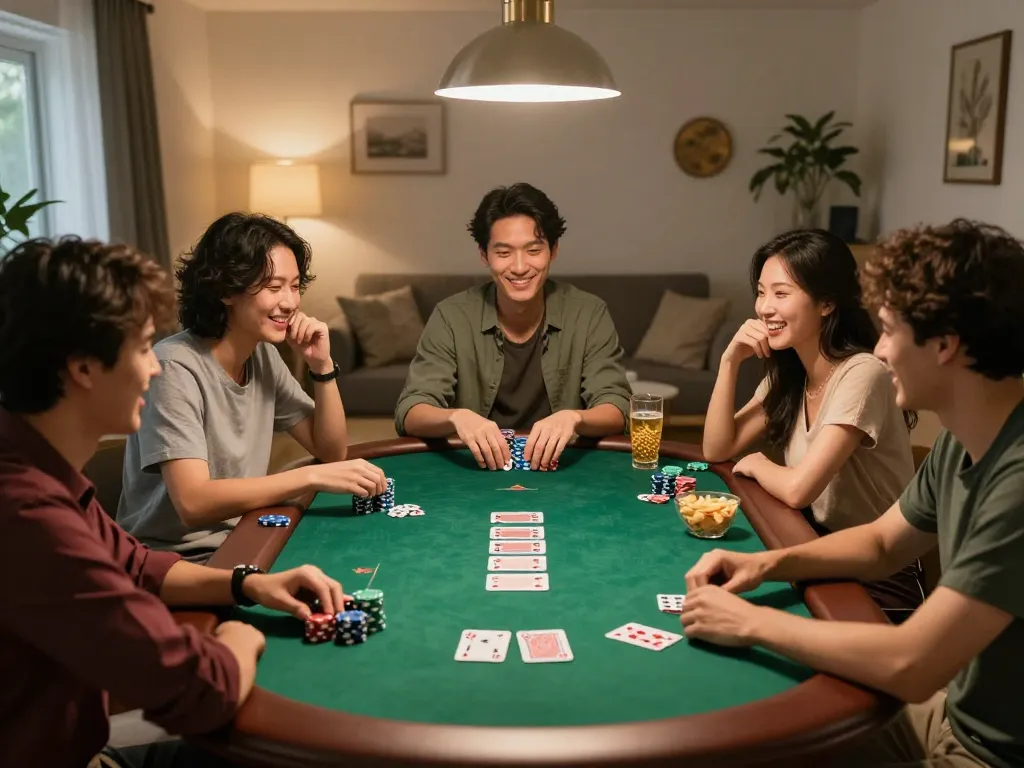 친구들이 아늑한 테이블 주위에서 칩과 카드로 흥미진진한 오피 포커 밤을 즐기고 있습니다.