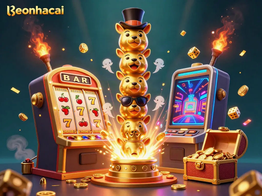 Engage with keonhacai through this vibrant illustration showcasing a colorful totem pole amidst dynamic casino elements.