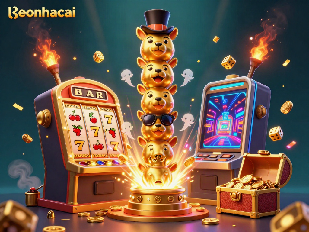 Engage with keonhacai through this vibrant illustration showcasing a colorful totem pole amidst dynamic casino elements.