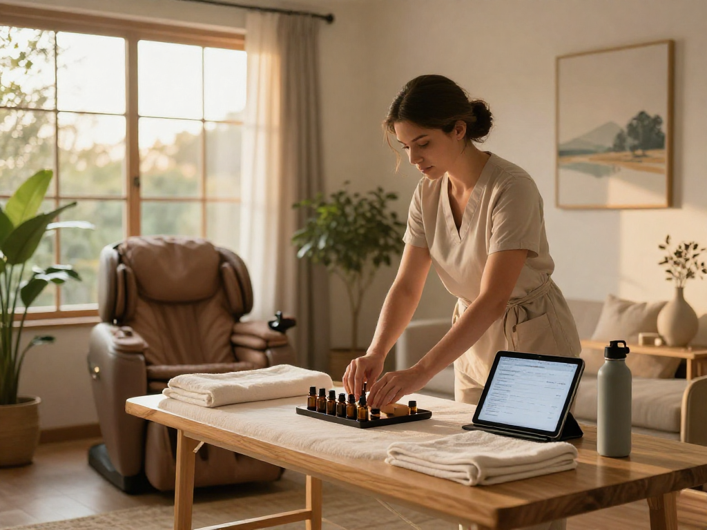 Experience 영등포출장안마 with a professional therapist preparing a cozy home massage setup.