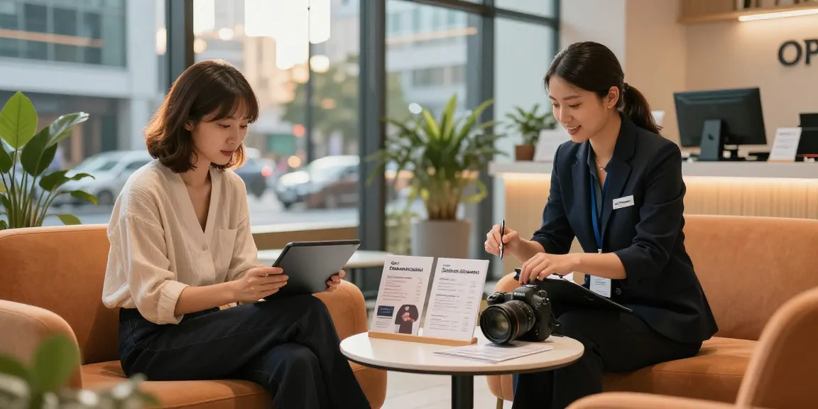 Customer exploring 오피 services in a modern urban setting with staff assistance.