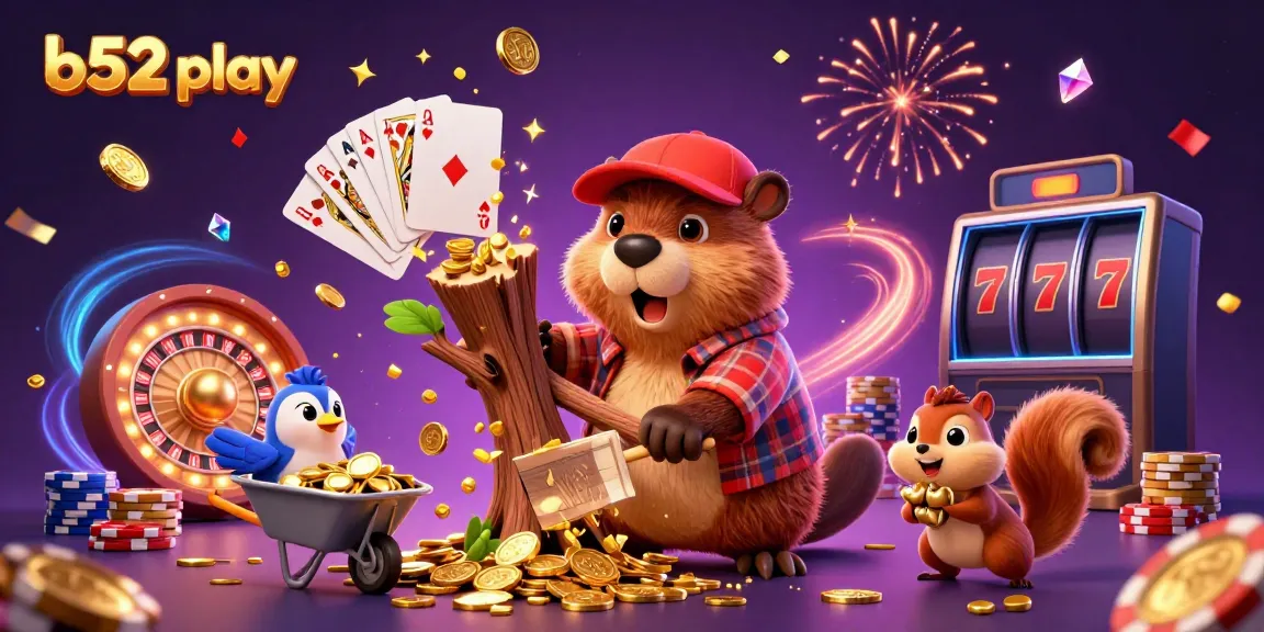 Experience b52 play with vibrant characters and casino elements in a celebratory scene.