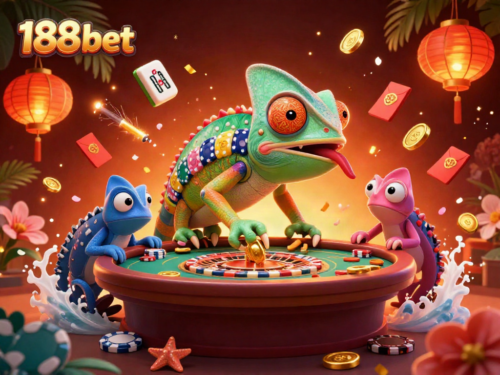 Engage in exciting gameplay at 188 bet, featuring vibrant chameleon owner amid casino action and golden treasures.