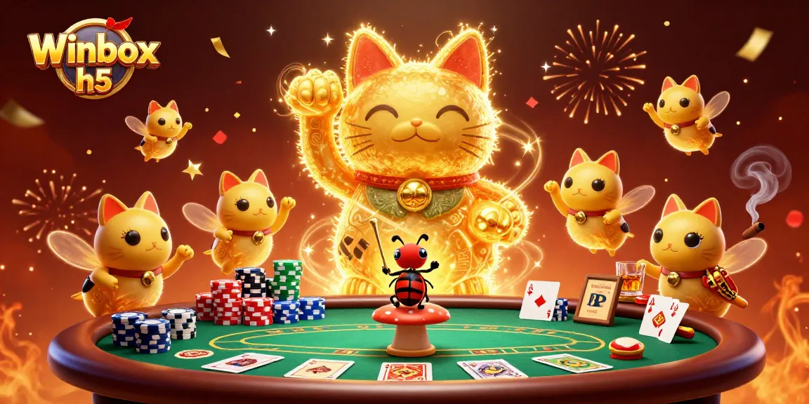 Engage with the vibrant Winbox h5 lucky cat artwork featuring dazzling casino symbols.