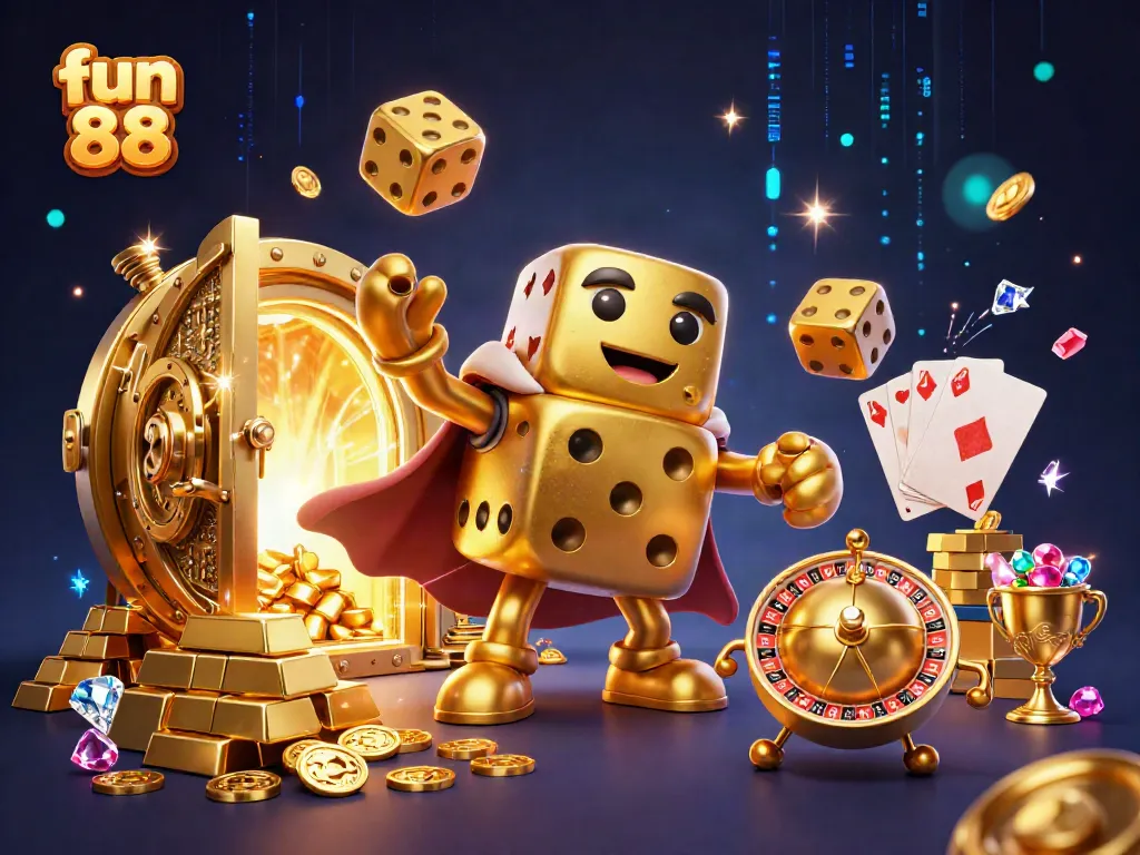 Experience the excitement of fun 88 with a vibrant 3D casino scene featuring golden dice and immersive gaming elements.