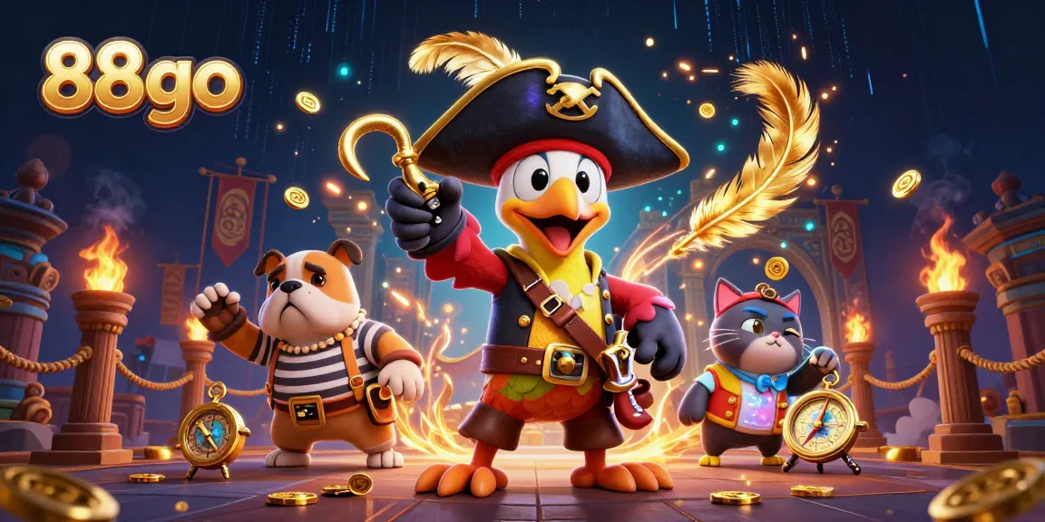 Engage with thrilling moments at 88go's dynamic gambling scene, featuring pirate characters and casino elements.