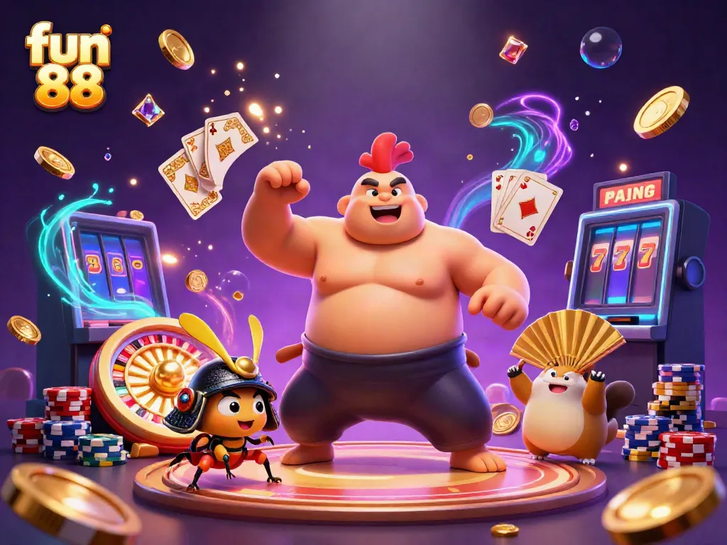 Engage with fun 88 as a formidable sumo wrestler, cricket, and tanuki announce, surrounded by dynamic casino elements.
