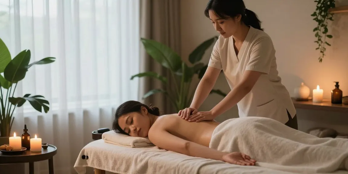 스웨디시 마사지 중인 전문가와 고객의 편안한 모습의 스파 마사지 룸