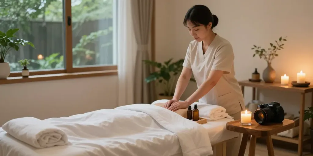 부천출장안마을 위한 아늑한 마사지 치료실, 평화로운 분위기와 아로마 향기 펼쳐져.