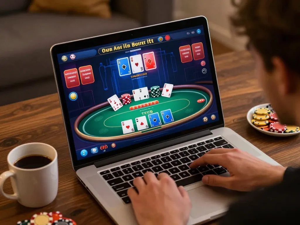 Engaging online poker game on LC88's platform from a cozy home setup, promoting responsible gambling.