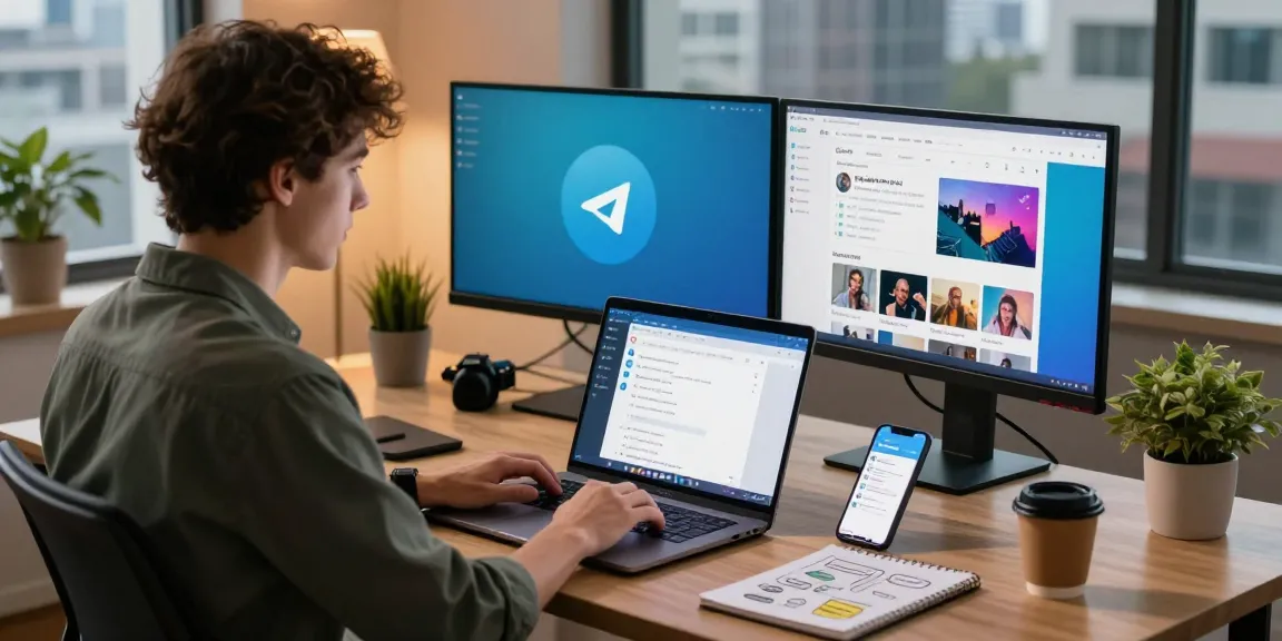 Engaged user exploring the Telegram web version on laptop in a stylish workspace.
