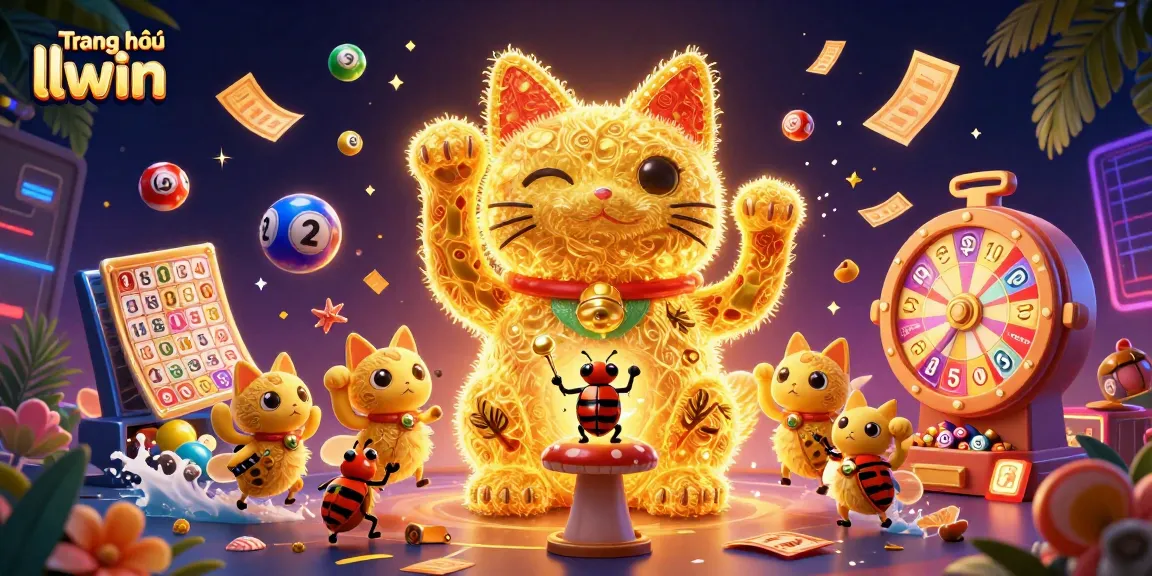 Experience the thrill of Trang chủ llwin with vibrant lottery balls and a lively lucky cat illustration.