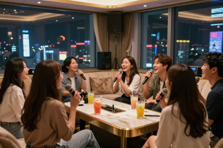 쩜오블랜딩에서 고급스럽고 아늑한 분위기의 노래방 장면, 고객들이 즐겁게 노래하는 모습