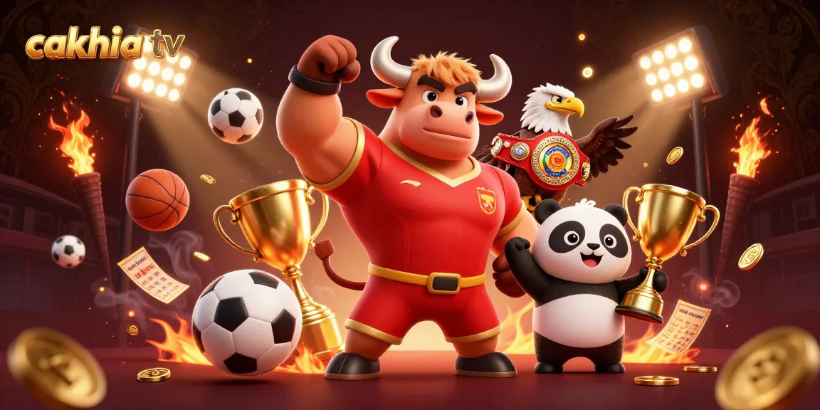 Cakhia tv celebrates sports betting victories with a vibrant, dynamic scene featuring a bull mascot and a panda with a trophy.