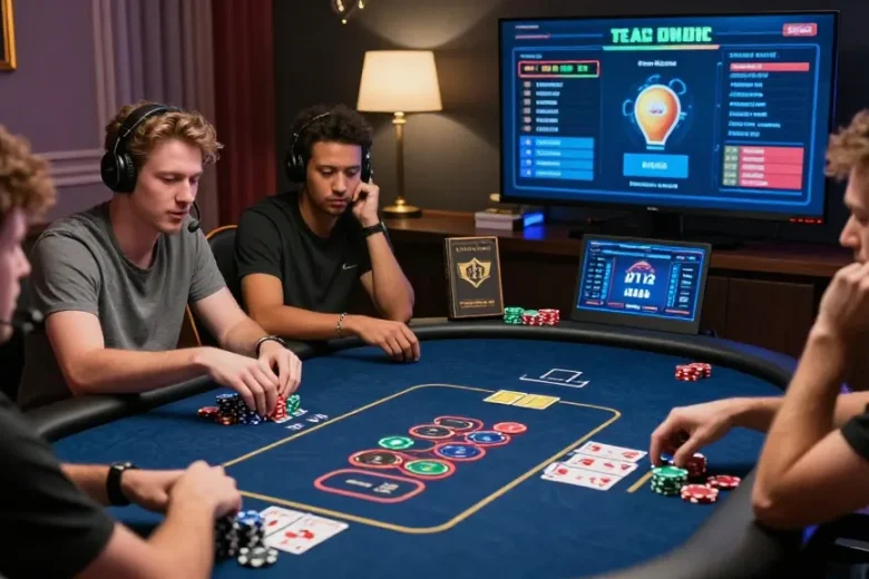 홀덤사이트에서 다양한 플레이어들이 Texas Hold'em 게임을 즐기고 있는 장면, 게임 보드에는 카드와 칩이 보여짐